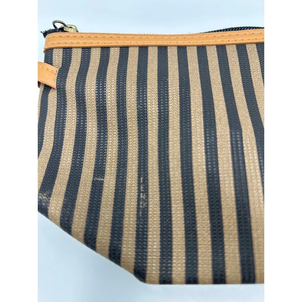 Fendi Pequin Striped Canvas Leather Cosmetic Pouch Bag Brown Black Vintage Italy